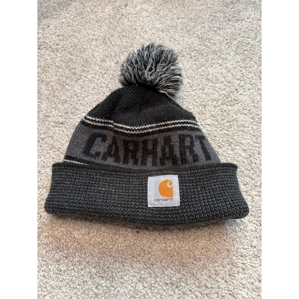 Carhartt Knit Beanie Pom Pom Hat Gray Black Ribbed Winter Warm